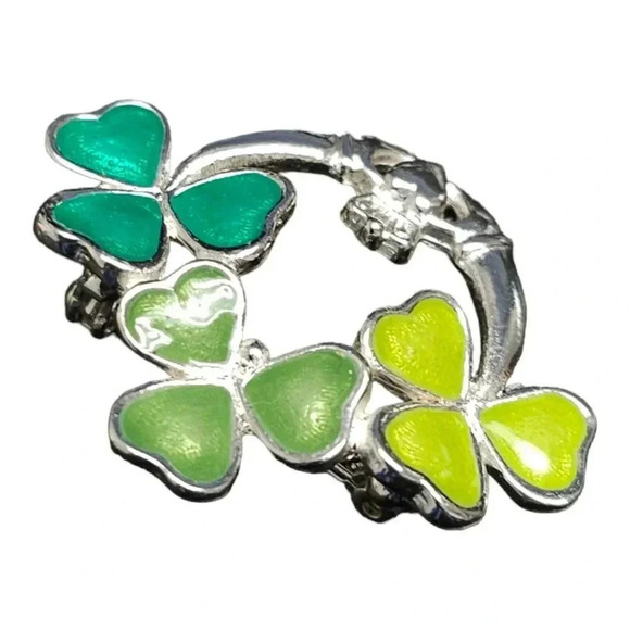 Green Enamel Silver Tone Lucky Shamrock Claddagh Irish Celtic Brooch - Picture 3 of 4
